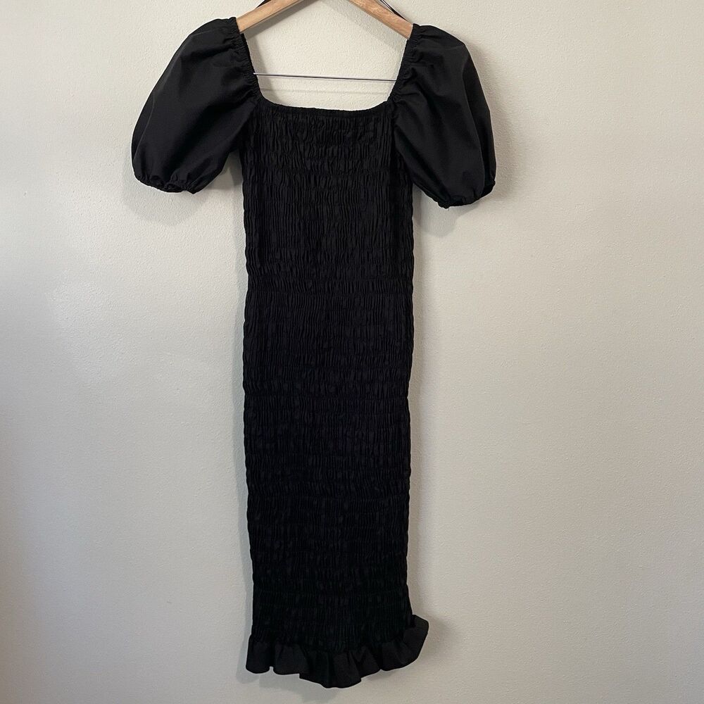 Lulus Smocked Bodycon Midi Dress Womens M Black Steal the Stage Whimsygoth - Picture 2 of 9